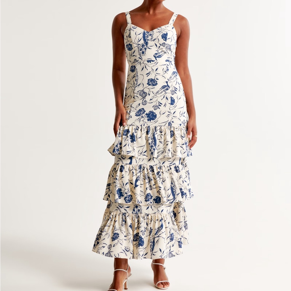 Abercrombie & Fitch Womens Dress XL Drama Ruffle Tiered Maxi White Toile Floral